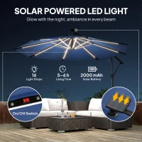 Outsunny 10 ft Offset Patio Umbrella with Solar Light, Garden Hanging Parasol with 360° Rotation, Tilt, Cover, Navy Blue(m-4)