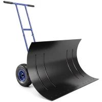 Outsunny Snow Shovel with Wheels, 29" Metal Snow Pusher with Adjustable Handle, 7-Angle Blade, Wear Strip for Driveway, Blue(m-11)