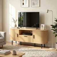 HOMCOM TV Stand for TVs up to 60", Modern Entertainment Center with Curved Sliding Doors and Storage, Natural Wood(m-1)