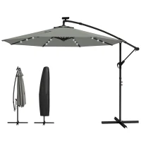 Outsunny 9.7 ft Cantilever Patio Umbrella with Solar Light, Garden Hanging Parasol with Cover, Tilt, Crank, Grey(m-2)