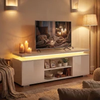 HOMCOM TV Stand for TVs up to 60 Inch, Modern Entertainment Center with LED Lights and Power Outlets, High Gloss White(m-1)