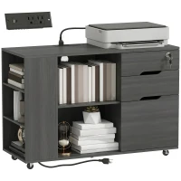 HOMCOM Filing Cabinet with Power Outlets File Cabinet Lockable Casters File Drawer Side Cubbies Black Wood Grain(m-13)