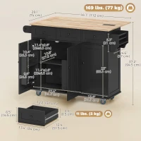 HOMCOM Kitchen Island on Wheels with Drop Leaf, Charging Station, Rolling Kitchen Cart with Wood Top, Adjustable Shelf, Black(m-3)