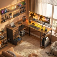 HOMCOM Gaming Desk with Power Outlets LED Lights Computer Desk with Drawers Monitor Stand 61" Rustic Brown(m-8)