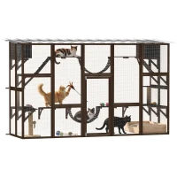 PawHut Catio Playground Cat Window Box Outside Enclosure for Multiple Cats w/ Shelves & Bridges, Coffee Brown(m-11)