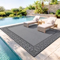Outsunny Outdoor Rug for Patio, 9' x 12' Waterproof Large Mat, Reversible Plastic Straw Rug for Decor, Portable Outside RV Camping Area Carpet Mat for Backyard Porch Deck Picnic, Black & Gray Border(m-8)
