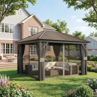 Outsunny 10' x 12' Outdoor Hardtop Gazebo Metal Roof Patio Gazebo with Aluminum Frame, Mesh Nettings, Dark Grey(m-8)