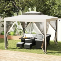 Outsunny 10' x 10' Canopy Tent, Party Tent with Mesh Netting and Double Tier Roof for Backyard, Garden, Patio, Outdoor, Beige(m-8)
