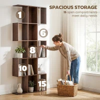 HOMCOM 5-Tier Bookshelf, S Shaped Geometric Bookcase with 15 Compartments, Brown Wood Grain(m-5)