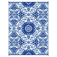 Outsunny Outdoor Rug for Patio, 9' x 12' Waterproof Large Mat, Reversible Plastic Straw Rug for Decor, Portable Outside RV Camping Area Carpet Mat for Backyard Porch Deck Picnic, Blue & White Floral(m-10)