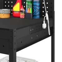 HOMCOM Workbench with LED Light and Power Strip, 43" Heavy Duty Work Table with Pegboard and Drawers for Garage Workshop, Black(m-12)