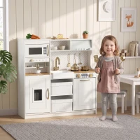 Qaba Play Kitchen, Kids Kitchen Playset with Coffee Machine, Ice Maker, Microwave, Oven, Storage, Gift for Toddlers 3+, White(m-8)