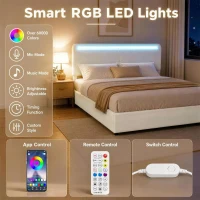HOMCOM Queen Size Bed Frame with Charging Station, LED Lights, Adjustable Headboard, Upholstered Platform Bed Frame White(m-5)