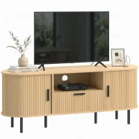 HOMCOM TV Stand for TVs up to 60", Modern Entertainment Center with Curved Sliding Doors and Storage, Natural Wood(m-13)