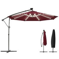 Outsunny 10 ft Offset Patio Umbrella with Solar Light, Garden Hanging Parasol with 360° Rotation, Tilt, Cover, Wine Red(m-9)