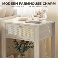 HOMCOM Boho Side Tables Set of 2 with Charging Station, End Tables with Drawer and Open Shelf for Living Room, Natural Wood(m-6)