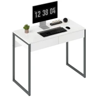 HOMCOM High Gloss Home Office Desk, 39" x 20" Computer Desk with 2 Drawers for Small Spaces, White and Grey(m-9)