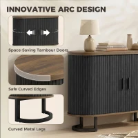 HOMCOM Sideboard Buffet Cabinet with Curved Tambour Doors, Thick Tabletop and Arc Metal Legs Brown and Black(m-4)