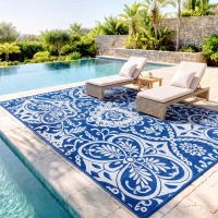 Outsunny Outdoor Rug for Patio, 9' x 12' Waterproof Large Mat, Reversible Plastic Straw Rug for Decor, Portable Outside RV Camping Area Carpet Mat for Backyard Porch Deck Picnic, Blue & White Floral(m-7)