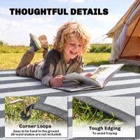 Outsunny Reversible Outdoor Rug, 9' x 18' Waterproof Plastic Straw Floor Mat, Portable RV Camping Carpet, Large Floor Mat for Backyard, Deck, Picnic, Beach, Gray & White Striped(m-6)