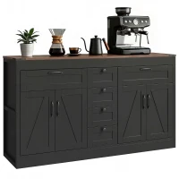 HOMCOM Sideboard Buffet Cabinet, 55" Farmhouse Kitchen Cabinet with 4 Barn Doors, 6 Drawers and 2 Adjustable Shelves, Black(m-9)