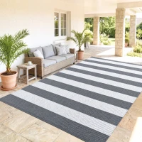 Outsunny Reversible Outdoor Rug, 9' x 18' Waterproof Plastic Straw Floor Mat, Portable RV Camping Carpet, Large Floor Mat for Backyard, Deck, Picnic, Beach, Gray & White Striped(m-9)