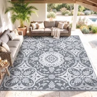 Outsunny Portable Outdoor Rug with Carry Bag, 9' x 12' Reversible Mat, Waterproof Plastic Straw RV Rug for Backyard, Deck, Picnic, Beach, Camping, Gray & White Flower(m-10)