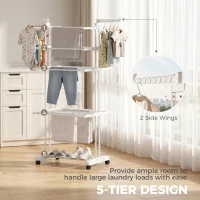 HOMCOM 5-Tier Clothes Drying Rack, Foldable Laundry Drying Rack with Wheels, Side Wings, White(m-4)