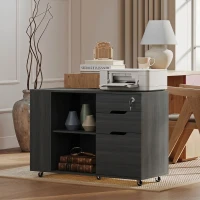 HOMCOM Filing Cabinet with Power Outlets File Cabinet Lockable Casters File Drawer Side Cubbies Black Wood Grain(m-8)