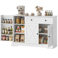HOMCOM Sideboard Buffet Cabinet, Farmhouse Coffee Bar Cabinet with Door Shelves, Adjustable Shelves, Drawer, Barn Doors, White(m-2)