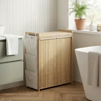 HOMCOM Bamboo Laundry Hamper with Removable Drawstring Bag and Side Storage Pockets, 32 Gal, Natural(m-8)