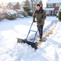 Outsunny Snow Shovel with Wheels, 29" x 16.5" Metal Snow Pusher with Adjustable Handle, 5-Angle Blade for Driveway, Blue(m-9)