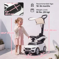 Qaba 3 in 1 Toddler Push Car Licensed Mercedes-Benz with Push Handle, Canopy, Guardrails, Horn, Music for 18-36 Months, White(m-3)