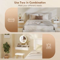HOMCOM Floating Nightstand Set of 2, Wall Mounted Bedside Table with with Power Outlets, Drawer and Shelf, White(m-6)