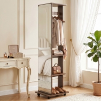 HOMCOM 15" x 62" Full Length Mirror, Tempered Glass Floor Mirror on Wheels with Storage Shelves, Coat Hangers, Brown Wood Grain