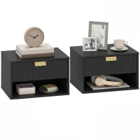 HOMCOM Set of 2 Wall Mounted Bedside Tables, Floating Nightstands with Fluted Drawer and Open Shelf for Bedroom, Black(m-9)