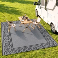Outsunny Outdoor Rug for Patio, 9' x 12' Waterproof Large Mat, Reversible Plastic Straw Rug for Decor, Portable Outside RV Camping Area Carpet Mat for Backyard Porch Deck Picnic, Black & Gray Border(m-10)