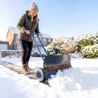 Outsunny Snow Shovel with Wheels, 29" Metal Snow Pusher with Adjustable Handle, 7-Angle Blade, Wear Strip for Driveway, Blue(m-10)