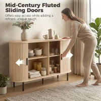 HOMCOM Fluted Sideboard Buffet Cabinet, 55" Mid Century Coffee Bar Cabinet with Sliding Doors and Adjustable Shelves, Natural(m-4)