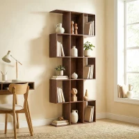 HOMCOM 5-Tier Bookshelf, S Shaped Geometric Bookcase with 15 Compartments, Brown Wood Grain(m-8)