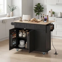 HOMCOM Kitchen Island on Wheels with Drop Leaf, Charging Station, Rolling Kitchen Cart with Wood Top, Adjustable Shelf, Black(m-8)