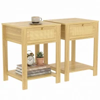 HOMCOM Boho Side Tables Set of 2, End Tables with Drawer and Open Shelf for Living Room, Natural Wood(m-13)