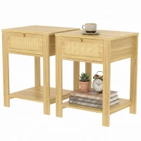 HOMCOM Boho Side Tables Set of 2, End Tables with Drawer and Open Shelf for Living Room, Natural Wood(m-2)