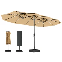 Outsunny Double-sided Patio Umbrella with Base Included & 48 LED Lights 15ft Khaki(m-9)