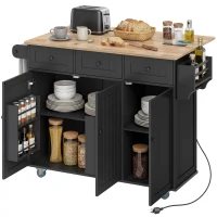 HOMCOM Kitchen Island on Wheels with Drop Leaf, Charging Station, Rolling Kitchen Cart with Wood Top, Adjustable Shelf, Black(m-9)