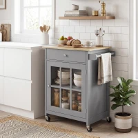 HOMCOM Rolling Kitchen Cart with Drawer and Glass Door Cabinet, Kitchen Island on Wheels with Towel Rack, Dark Grey(m-8)