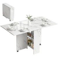 HOMCOM Extendable Dining Table, Collapsible Folding Table with 2-tier Shelves and Rolling Casters, Marble White(m-9)