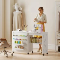 HOMCOM Sewing Machine Table on Wheels, Folding Craft Table with 2 Bins, Storage Shelf, 18 Pegs, Lockable Wheels, White(m-8)