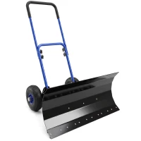 Outsunny Snow Shovel with Wheels, 29" x 16.5" Metal Snow Pusher with Adjustable Handle, 5-Angle Blade for Driveway, Blue(m-11)