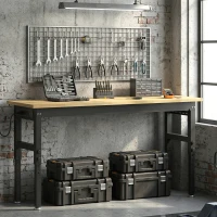 HOMCOM 60" Adjustable Workbench, Heavy Duty Work Table with Rubber Wood Top, Power Outlets, Pegboard, 2000 LBS Capacity(m-8)